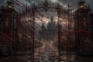 Palace gates covered with red ribbons in The Ash and the Rose