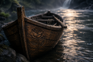 Weathered wooden boat on the river in The Ash and the Rose